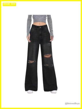 High Waisted Distressed Wide Leg Jeans Ripped Denim Pants